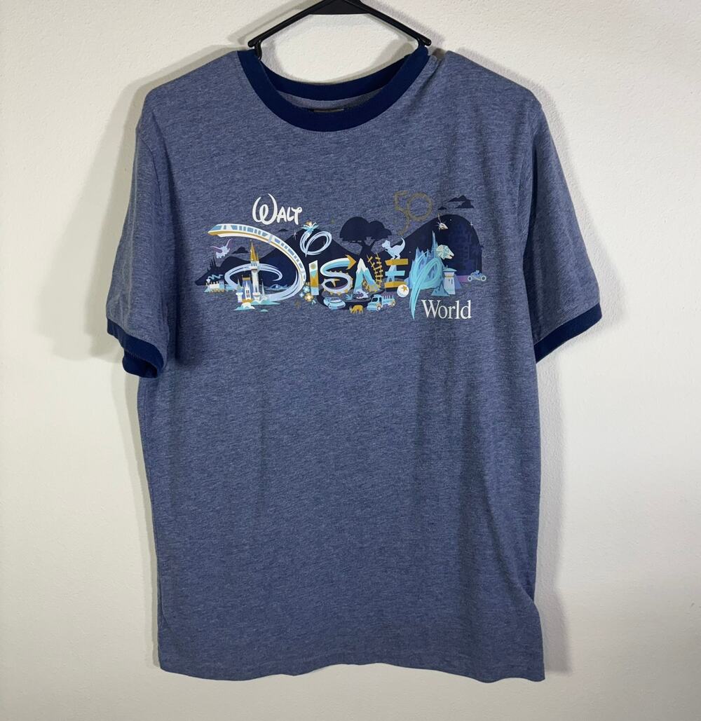 Disney World 50th Anniversary Mens Medium Blue Ringer T Shirt Parks Graphic